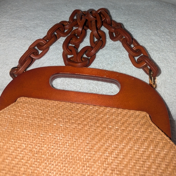 Michael Kors Collection  Tan and Brown Woven Clutch with Chain Accent - Picture 7 of 11